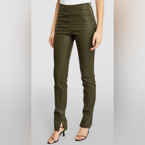 Helmut Lang women dark olive khaki lamb leather flare pants NWT - Picture 2 of 9